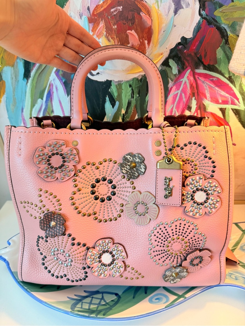 Rare Coach 1941 Rogue bag 30 Exotic Snakeskin Tea Rose with Rivets in Peony Pink